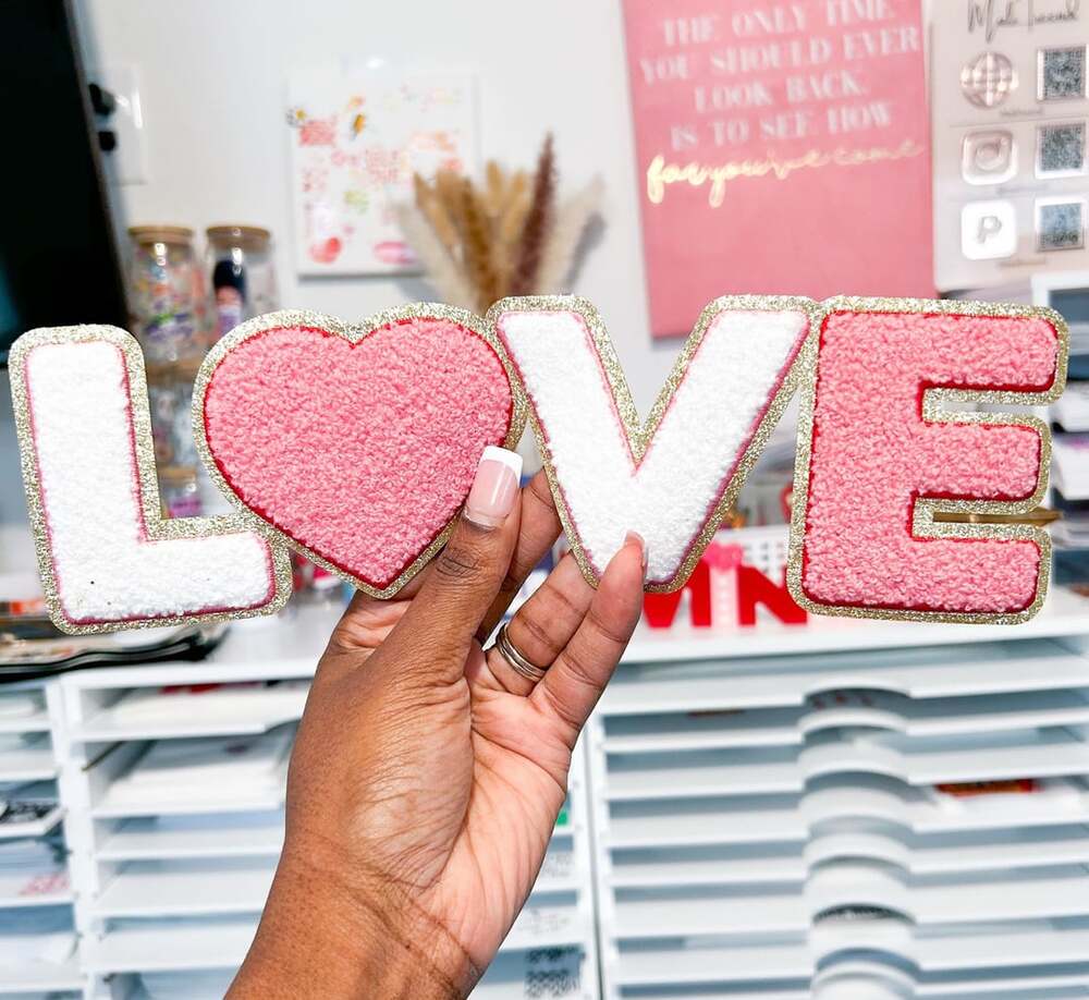 Love Letter Chenille Patch Pink White Gold Glitter